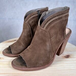 Vince Camuto Womens Size 9.5 Peep Toe Booties Brown Good Suede Perforated Heel